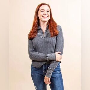 NEW!! Free People Ashton Zip Thermal Ribbed Long Sleeve Top Charcoal Size S